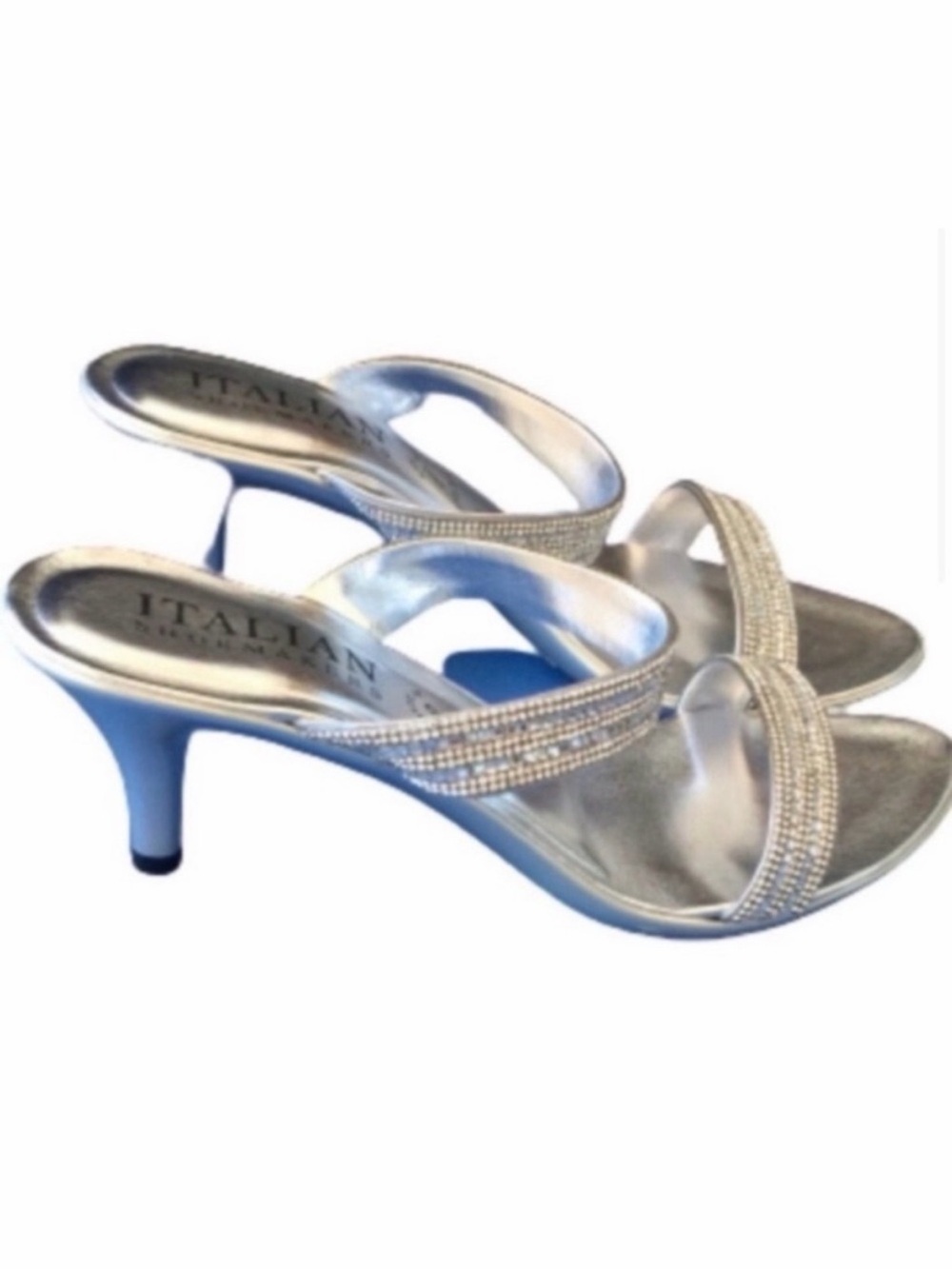 ITALIAN SHOEMAKERS Mule Heels Silver Rhinestone Fabiola Wedding Prom Sandals 10M - Picture 4 of 16